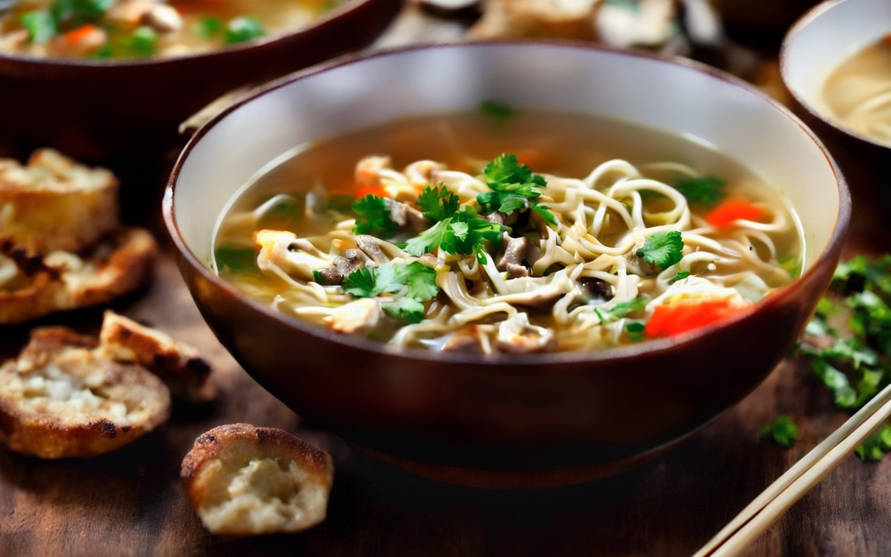 Фьюжн-версия азиатского супа с грибами и куриной лапшой на основе древних монастырских рецептов