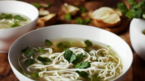 Ароматный бульон с рисовой лапшой, мятой и ростками