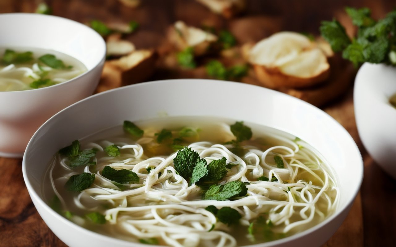 Ароматный бульон с рисовой лапшой, мятой и ростками
