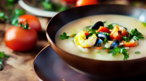 Легкий суп с креветками, мидиями и томатами