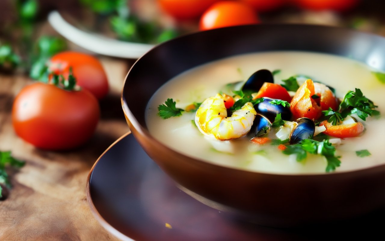 Легкий суп с креветками, мидиями и томатами