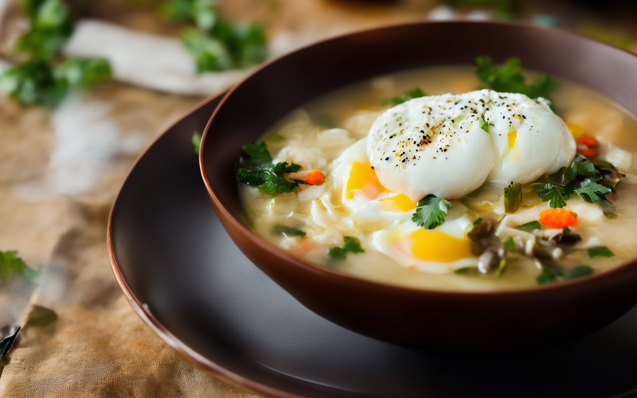 Наваристый суп с яйцом пашот и соевой заправкой