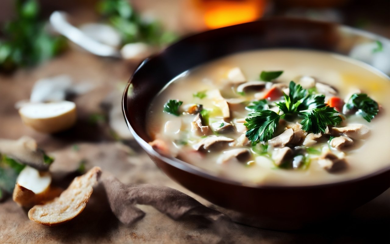 Нежный суп с курицей, грибами и кокосовым молоком