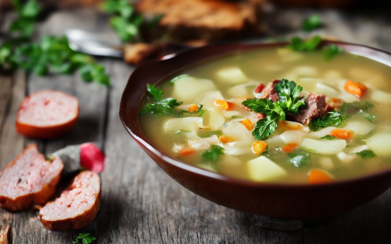 Освежающий летний суп с колбасой, огурцами и зеленью