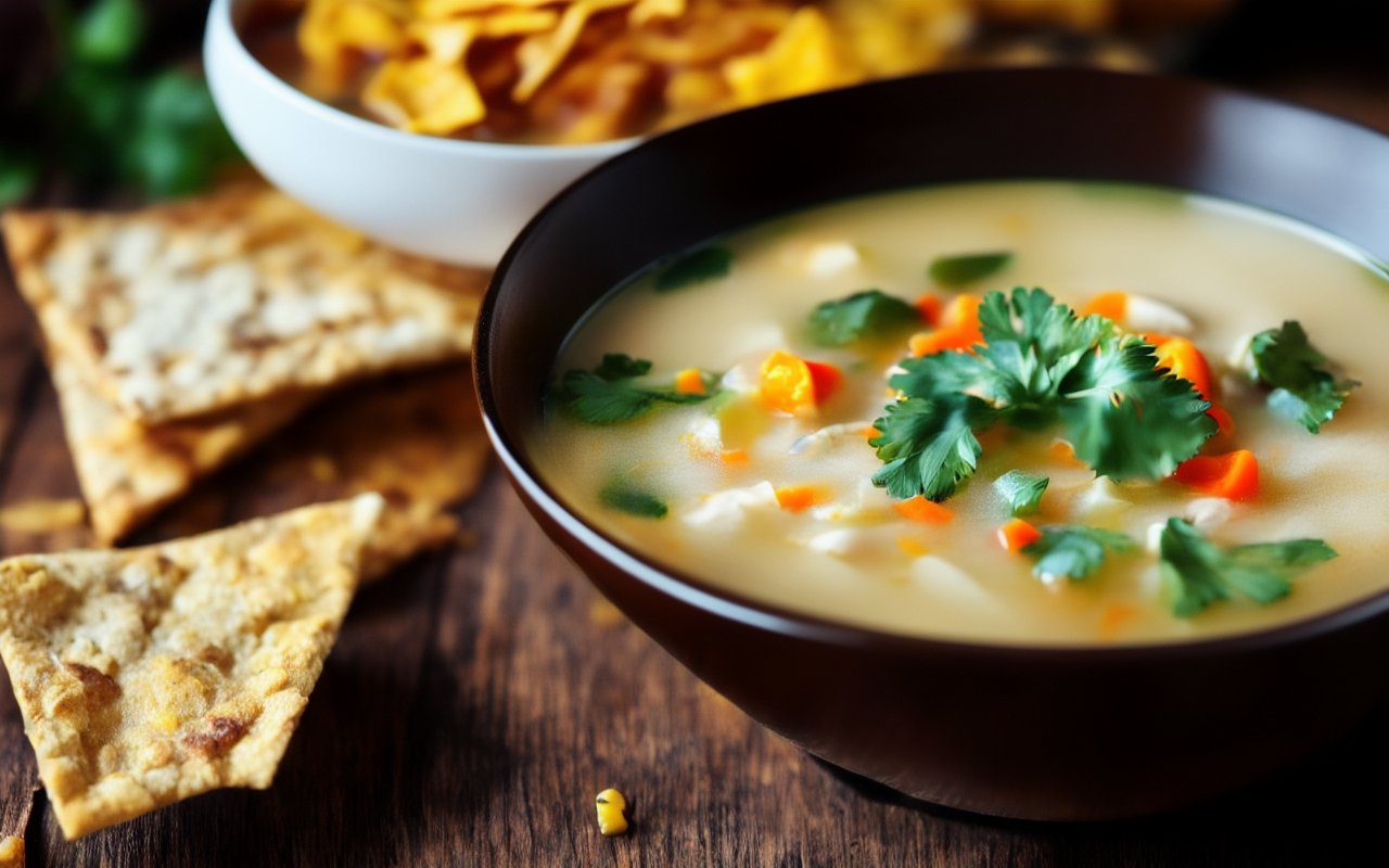 Пикантный суп с кукурузой, авокадо и чипсами из тортильи