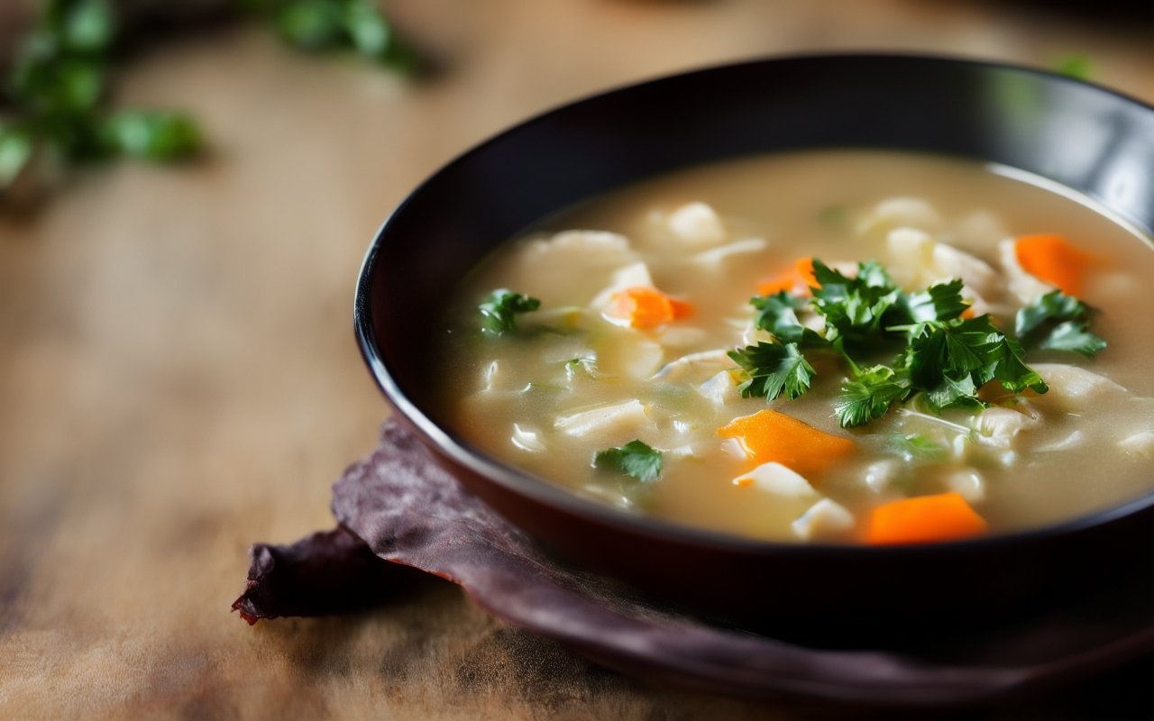 Суп с водорослями комбу и рыбными котлетами