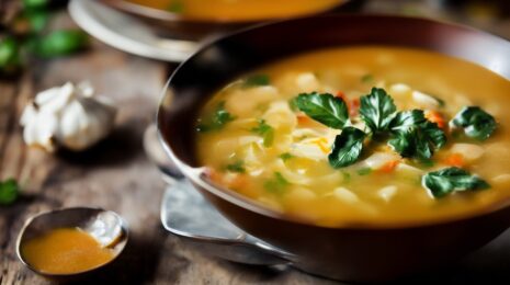 Суп с шафраном и чесночным соусом