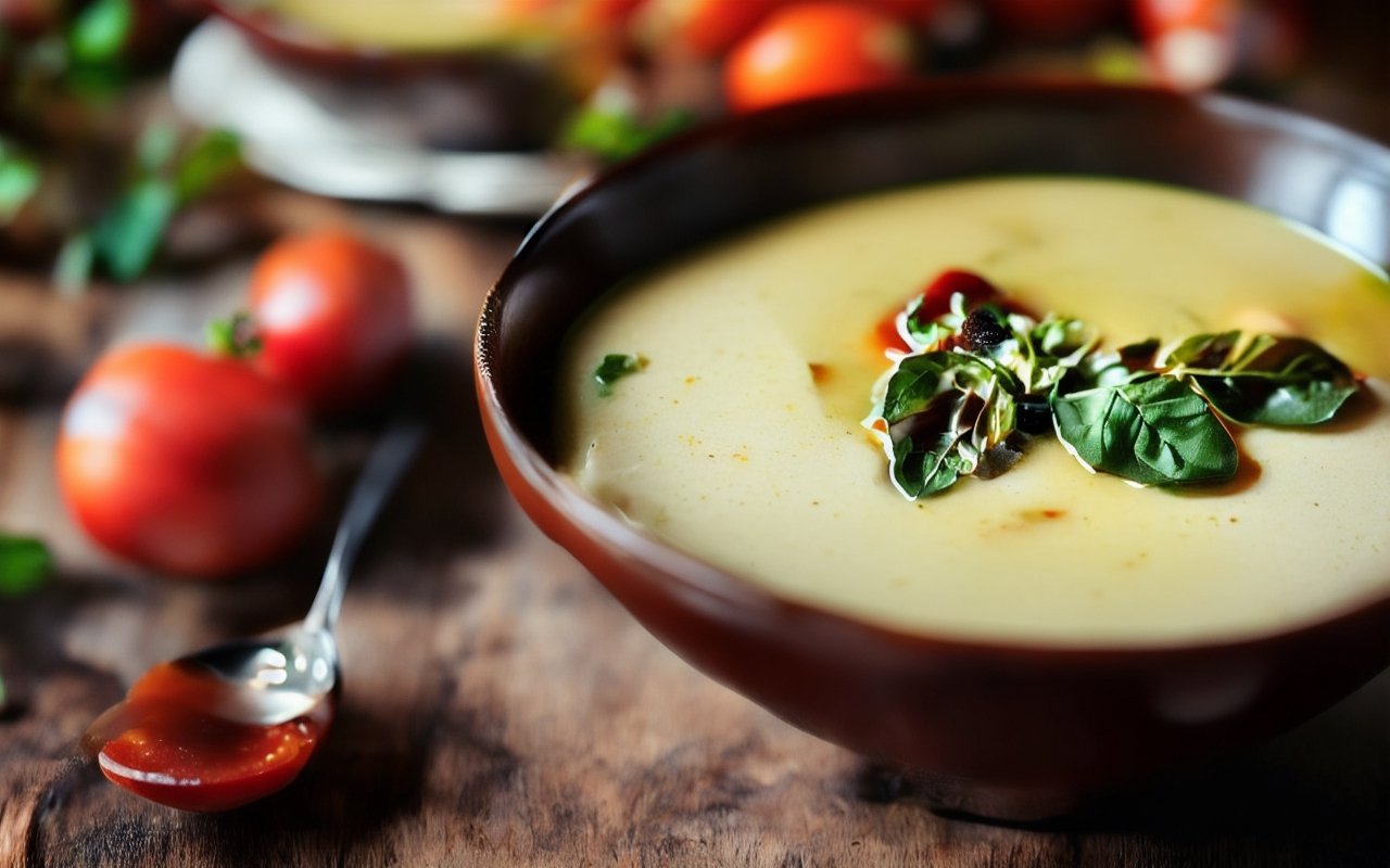 Холодный суп из красной смородины и помидоров с авокадо